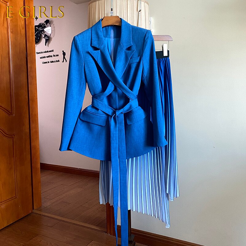 E 여자 정장 재킷 길쭉한 주름 스커트 세트 여성 블레이저 양복 정장 Office 레이디 캐주얼 2022 가을 겨울